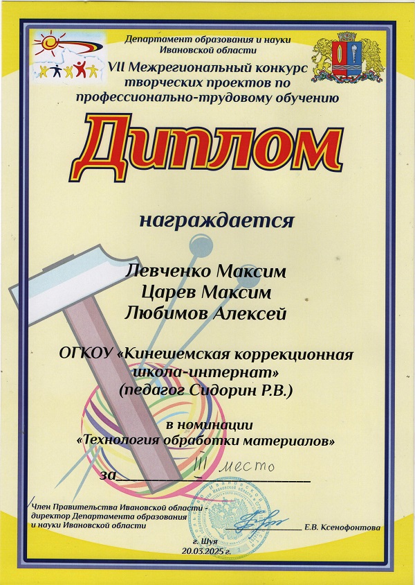 Диплом за 3 место в VII Межрегионального конкурсе творческих проектов по профессионально-трудовому обучению.